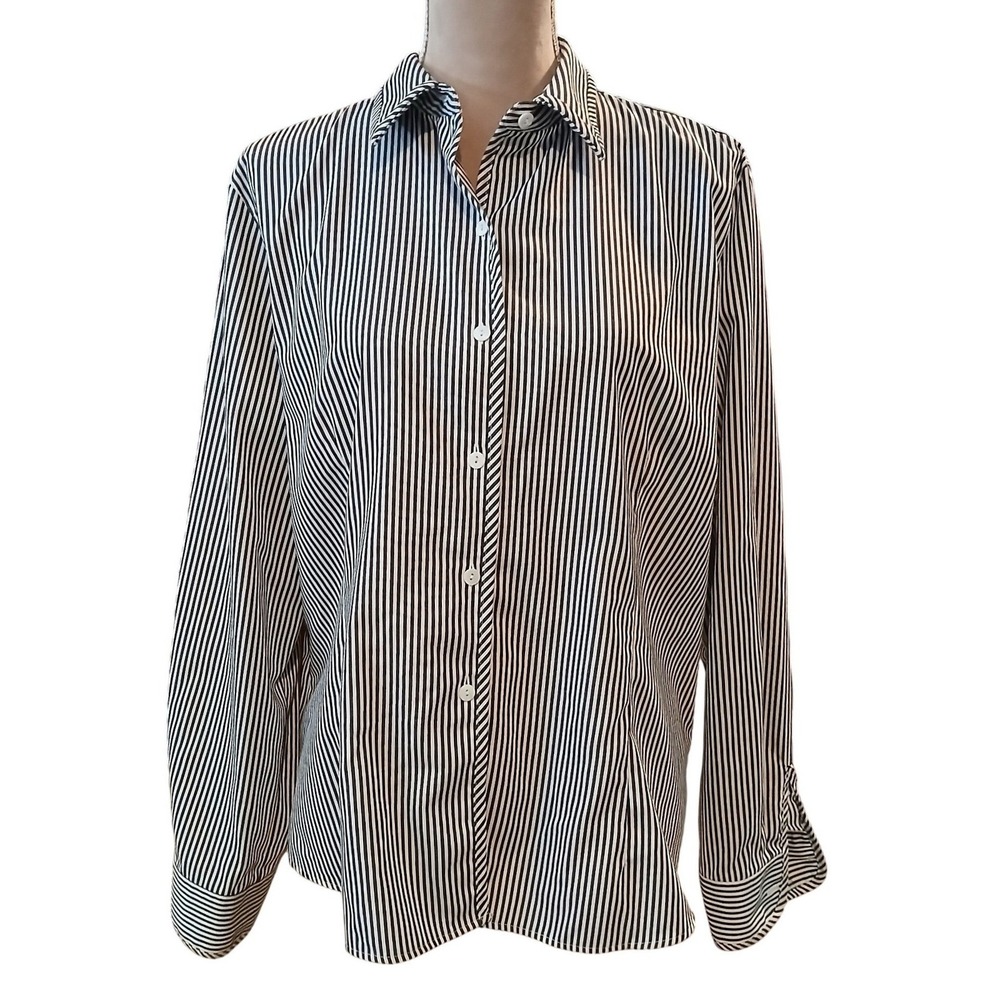 Foxcroft Wrinkle Free Fitted Striped Button Down Shirt Black White Womens 16